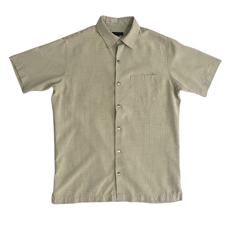 Van Heusen Open Collar Shirt Men's Size S Tan Plaid Short Sleeve Classic Casual